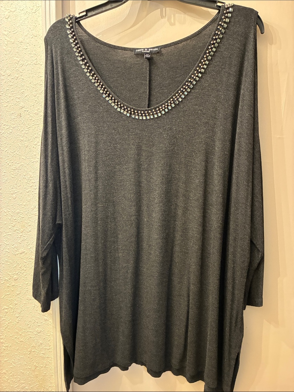 Cable & Gauge Dark Gray Bejeweled Scoop-Neck Women's Top